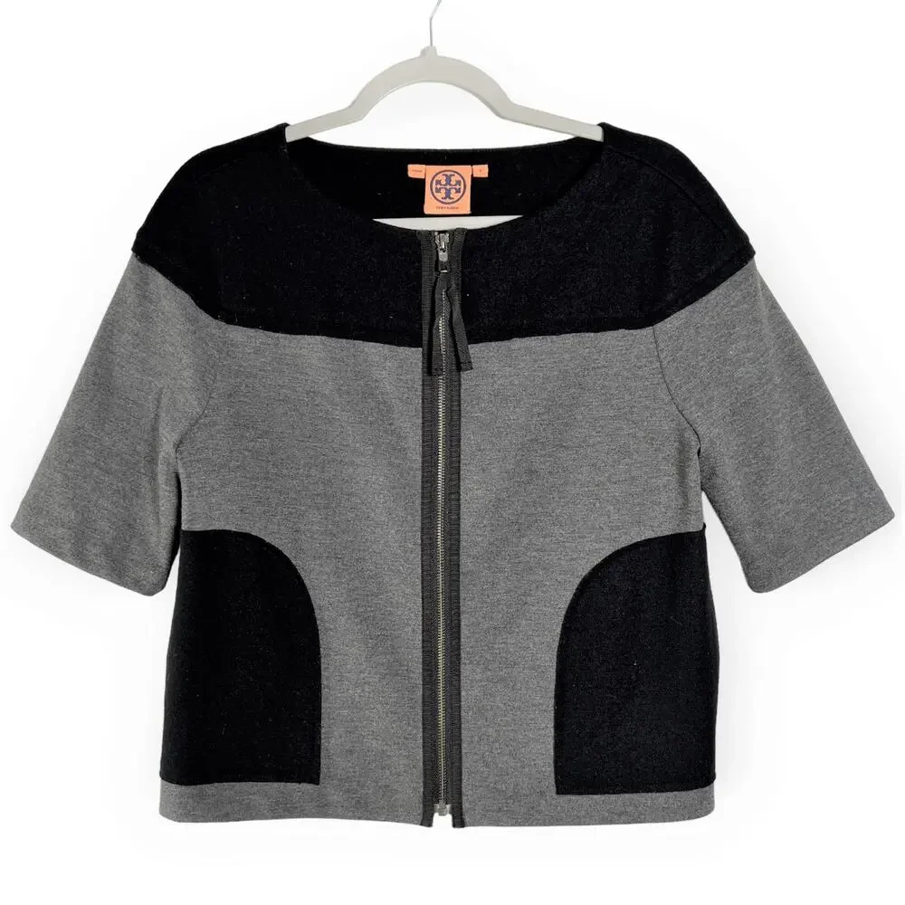 Tory Burch Colorblock Full Zip Blazer Jacket SIZE S Short Sleeve Black Gray